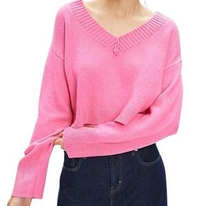 BDG Jenna Womens Pink V Neck Cropped Cozy Sweater Long Sleeve Ribbed Knit Size M